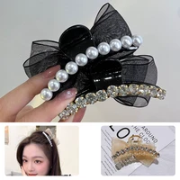 women girls mesh styling tools pearl rhinestone crystal bow hair claws grab clips hair clip hairpins
