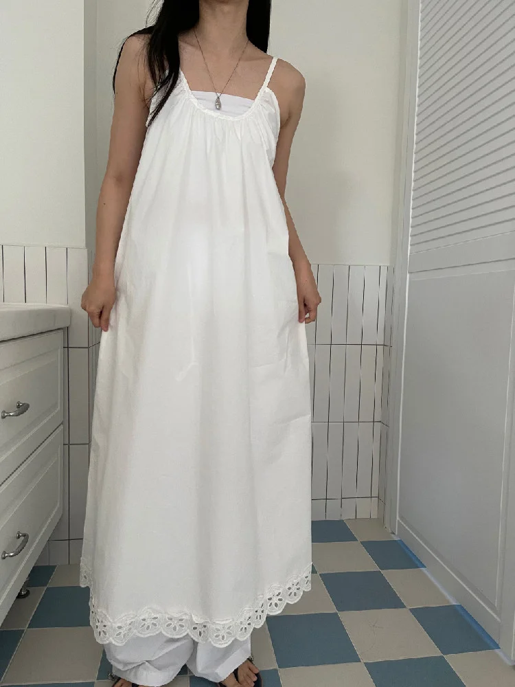 

Korean Fashion Summer Long Dresses for Women 2023 New in Lace Trim Casual Loose Spaghetti Strap Dress Vintage Vestidos