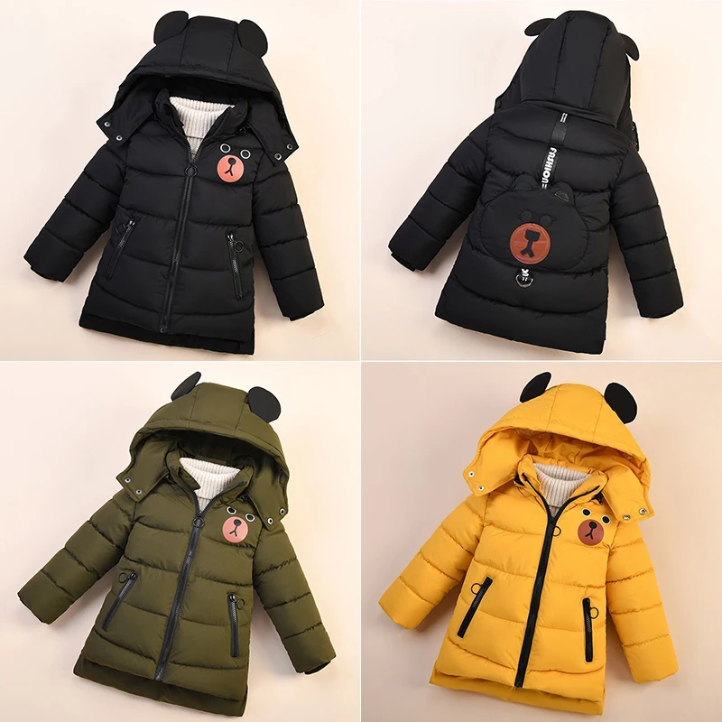 

Зимняя куртка для маленьких мальчиков Bear, сохраняющая тепло, модное рождественское пальто принцессы для девочек, верхняя одежда на молнии с капюшоном, подарок на день рождения, детская одежда