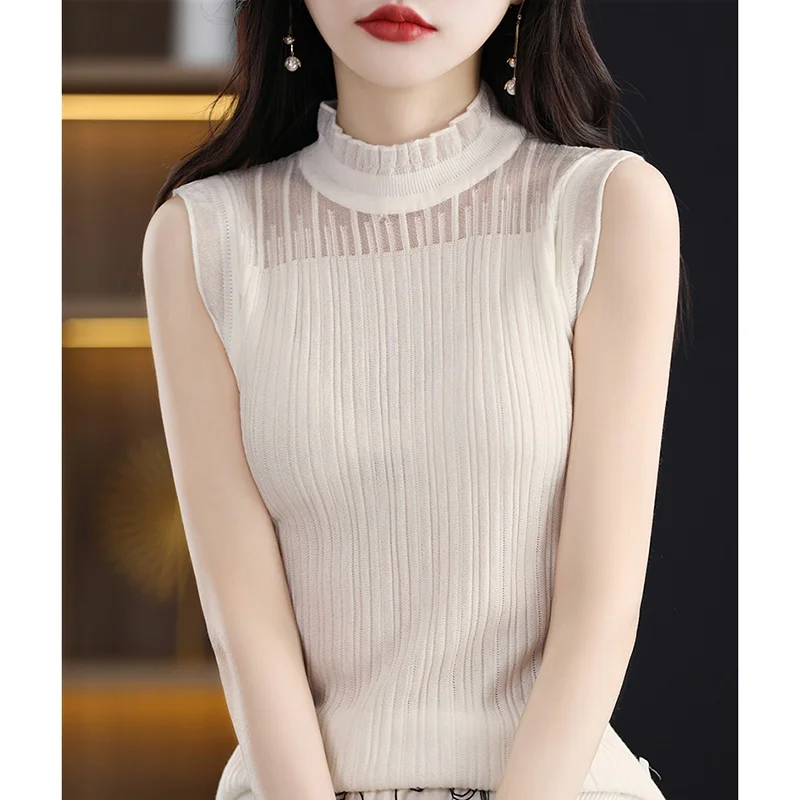 

Женская кружевная майка без рукавов, ажурная трикотажная кофта из шерсти с внутренним воротником, весна-лето 2023