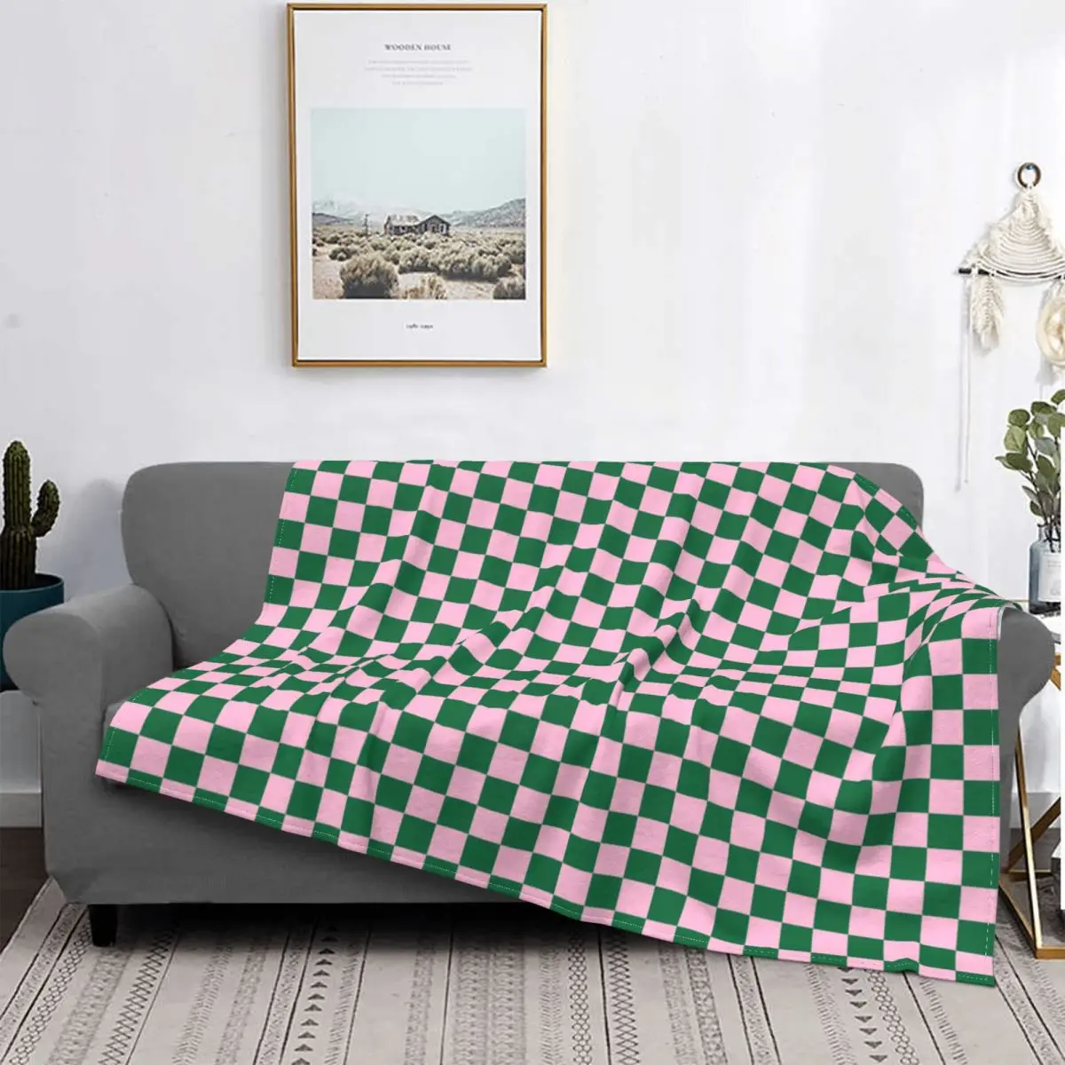 

Cotton Candy Pink And Cadmium Green Checkerboard Blanket Soft Fleece Flannel Plaid Throw Blankets for Sofa Outdoor Bedding Quilt
