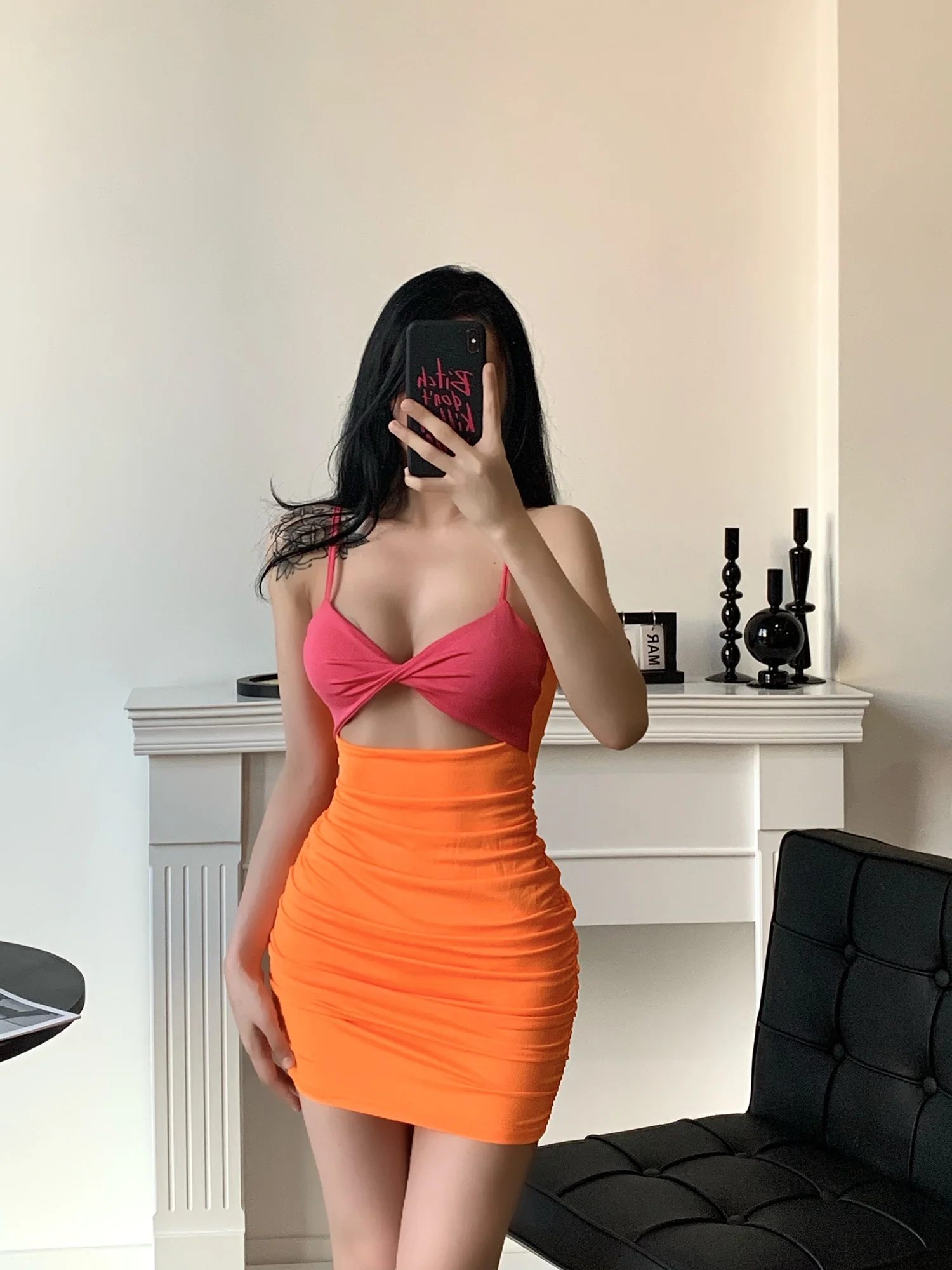 

Женское облегающее платье-майка с глубоким вырезом, обтягивающее мини-платье оранжевого и розового цвета, Лидер продаж, короткое платье для девушек, милый женский пляжный топ в Корейском стиле 9YUD