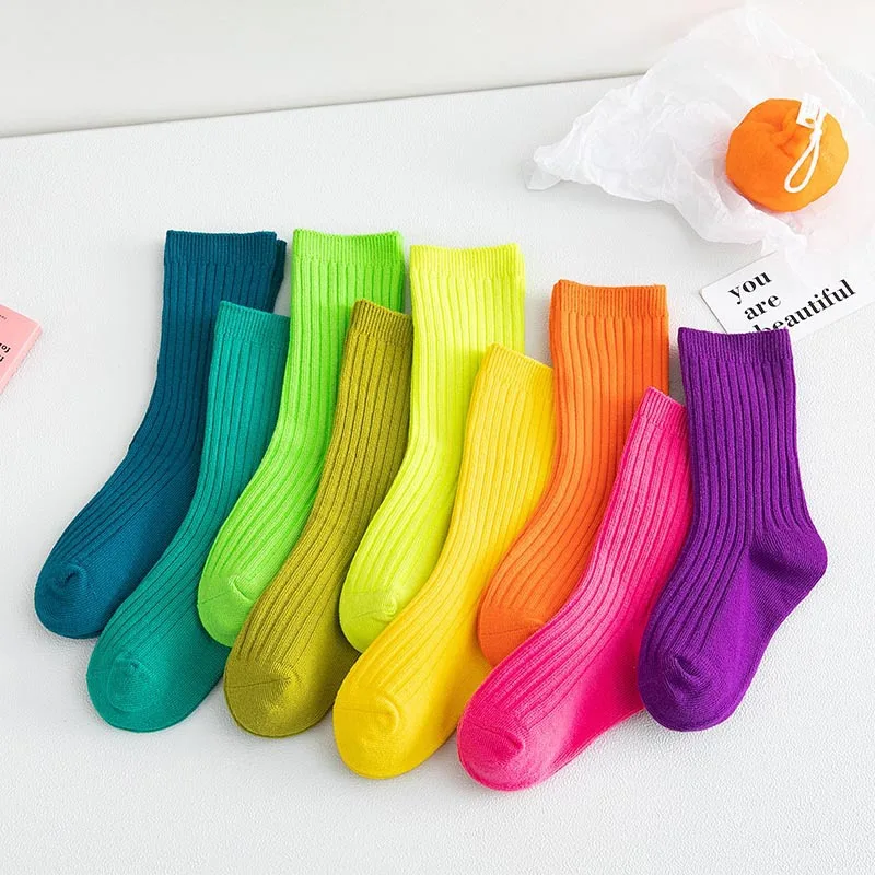 

1-12T 3 Pairs/lot Candy Rainbow Girl Child Sock Combed Cotton Pure Color Socks Kids Girl Medium Tube Student Soft Baby Socks