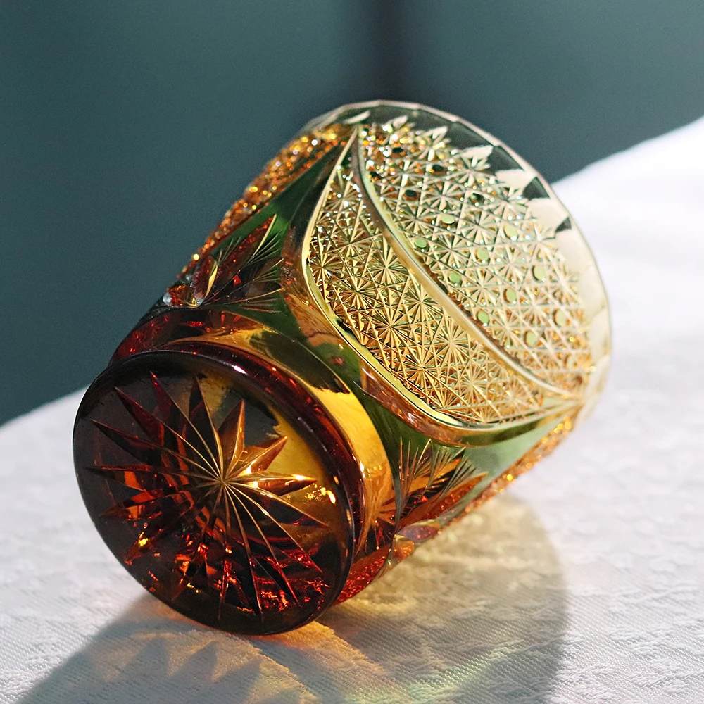 Фото Японский стакан для виски Amber Green 24% Lead Crystal Hand Cut Edo Kiriko, 330 мл, ручной работы, для крепких напитков и напитков в японском стиле №4