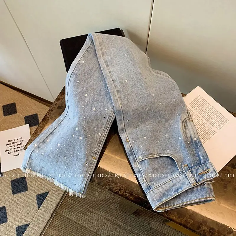 

Light Blue Studded Wide Leg Jeans For Women In Spring/summer 2023 Thin High Waisted 9-inch Straight Leg Pants