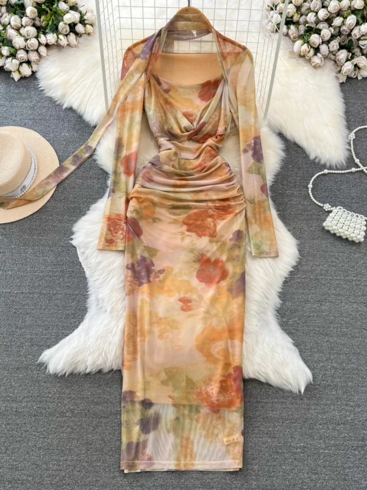 Женское облегающее платье с длинным рукавом Элегантное Длинное Плиссированное