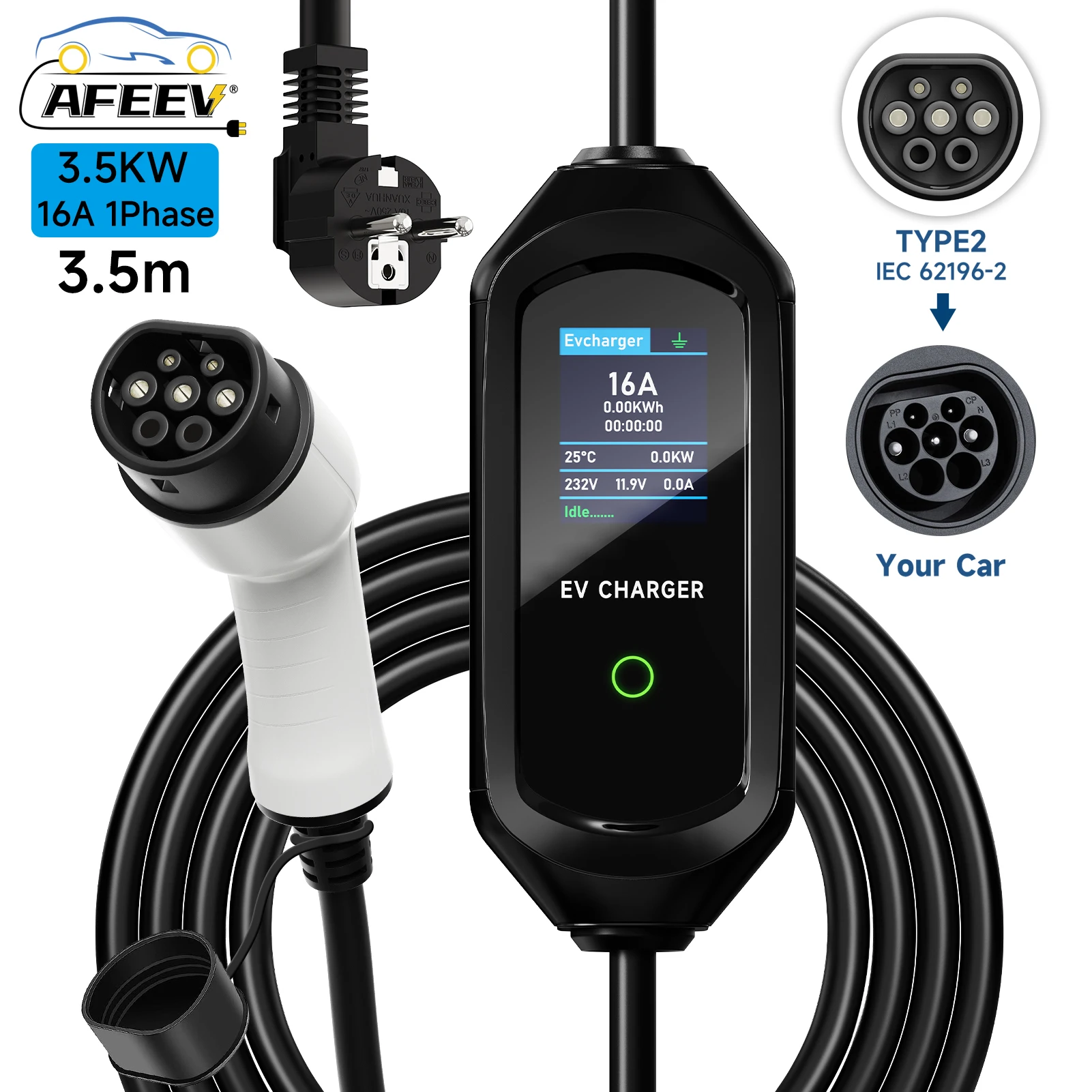 

Портативное зарядное устройство для электромобилей AFEEV Type2 IEC62196-2 16A Кабель для быстрой зарядки EVSE Type1 SAE J1772 Wallbox 3,5 кВт GBT Зарядное устройство для электромобилей