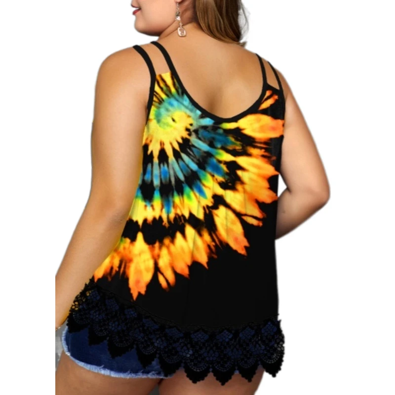 Plus Size Big Tops Large Size Tie-Dye Printed Lace Stitching Spaghetti-Strap Camisole Basic Sleeveless Tops Women Custom T Shirt