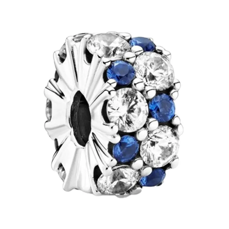 

925 Sterling Silver Clip Charm Beads For Women Double Pave Setting Clear Zircon Stones Blue Crystals Jewelry Making DIY Bracelet