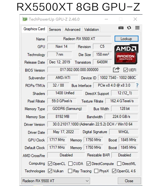 SHELI 51RISC RX5500XT 8G D6 Gaming Graphics Card with 8G/128bit/GDDR6 Memory 16GHz Memory Frequency DirectX12 3D Feature 6