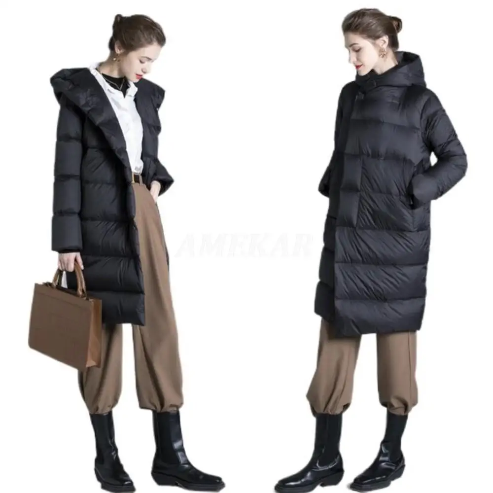 Women's Long Down Jacket  Winter 2022 New Hickened Loose Slimming Eider Down Hooded Coat Loose Over-the-knee Long Down Jacket