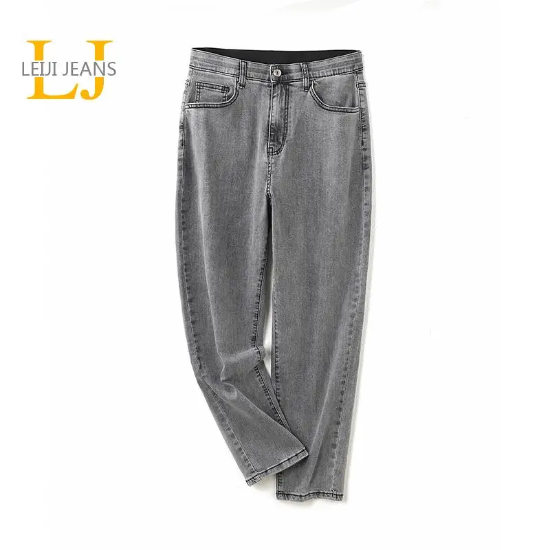 LEIJIJEANS Curvy Woman's Gray Jeans Large Size Loose Casual Trouser Winter Women Pant Straight Lady Jeans Full Length Denim Jean