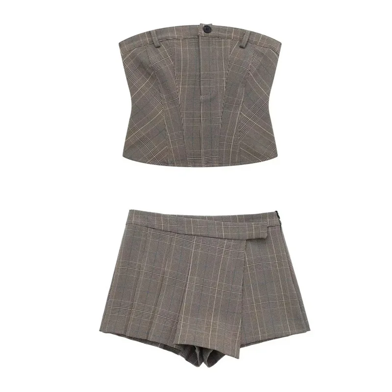 RDMQ 2023 Women Spring Fashion Front With Strap Plaid Shorts Skirts Vintage High Waist Side Zipper Skort and Tank 2 pcs Mujer