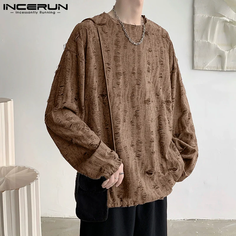 Топы INCERUN 2024 красивые мужские повседневные однотонные футболки в Корейском стиле