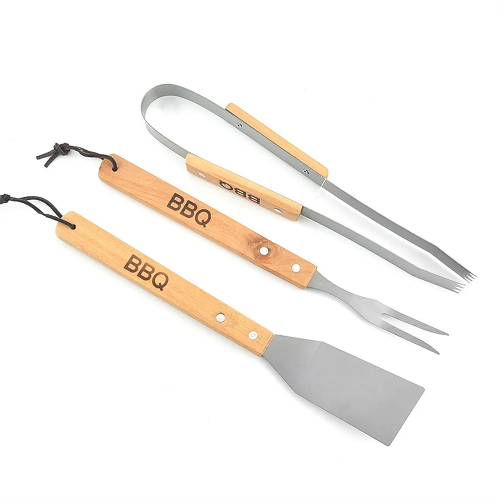 

3 Pieces Stainless Steel BBQ Grill Tools Tongs Fork Spatula Food Meat Cooking Set Portable Patios Travel Restaurants
