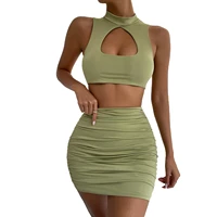 womens 2pcs skirt set outfits hollow out sleeveless solid color crop vest ruched slim mini skirt solid summer clothing suit