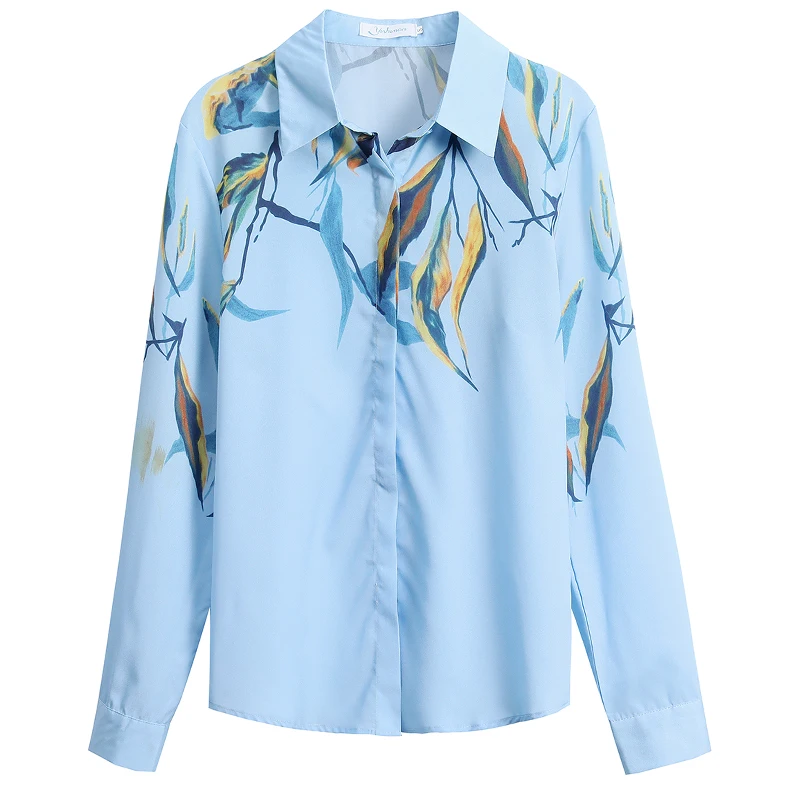 

Satin Loose Women's Blouses Casual Long Sleeve Top New Fashion Flower Print Polo Shirts Summer