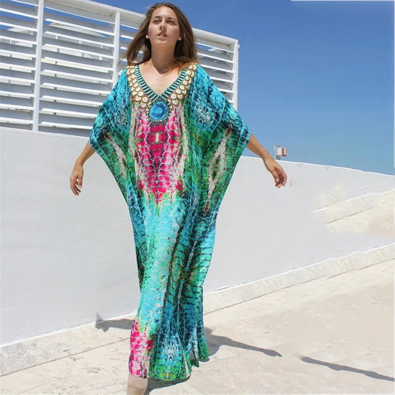 

Summer Clothes For Women Sexy Dress Skirts 2022 Green Serpentine Print Robes Beach Neck Loose Plus Size Polyester Cover Up