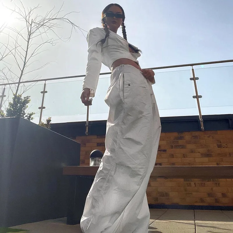 

Vintage Loose Streetwear Joggers Cargo Pants Women Casual Baggy Wide Leg Sweatpants Fashion Solid Drawstring Trousers Y2K 45D