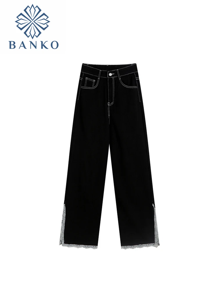 

Black High Waist Vintage Women Autumn 2022 New Denim Pants Loose Wide Leg Lace Patchwork Straight Split Design Jean Trousers