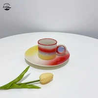 ceramic rainbow cup gradient color korean couple mug set western food plate breakfast mug and saucer set espresso cups porcelana