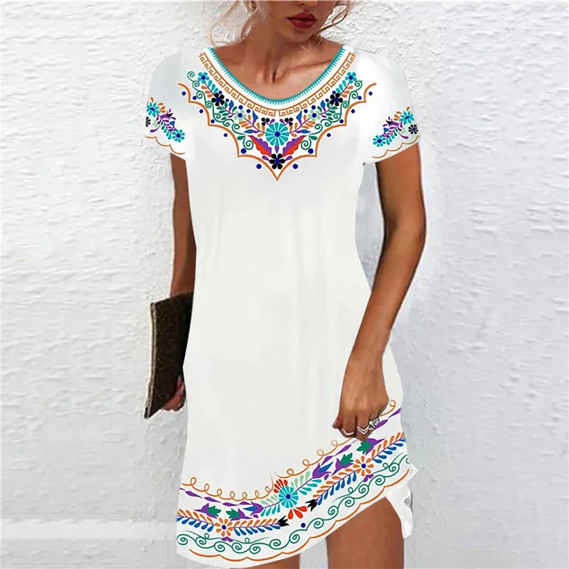 

2022 New Summer Dresses Women Casual Short Sleeve Boho Print Dress Beach Travel Dress Streetwear Loose T-Shirt Dress Vestidos