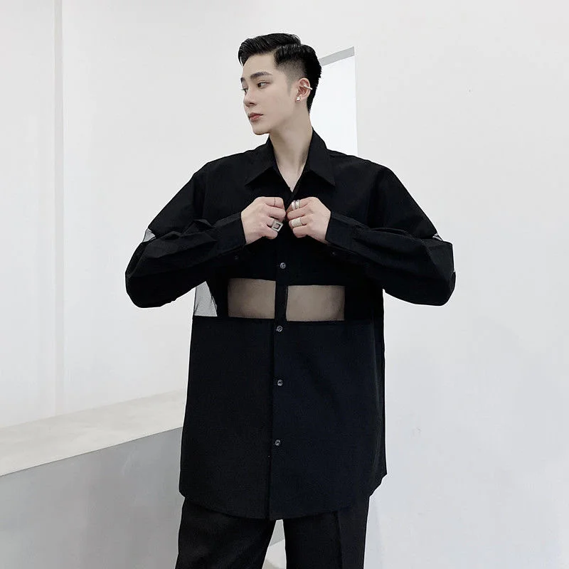 

wear transparent /men's mesh stitching design black whtie large size shirt fashion loose Autumn new tops for male 2Y3506