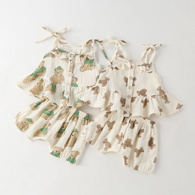 

Summer Cotton Baby Girl Clothes Set Print Cartoon Casual Sleeveless Tops + Shorts For Girls Set 2 Pieces Baby Clothing