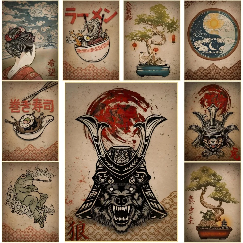 Vintage Janpanese Artwork Poster Self-adhesive Art Waterproof Paper Sticker Coffee House Bar Room Wall Decor