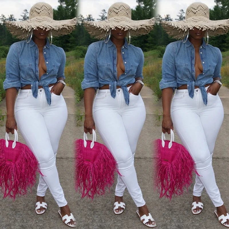 

Women Jeans Streetwear Vintage Jeans Spring Summer Solid Color Slim Denim Pencil Pants Trousers Women Stretch High Waist Jeans
