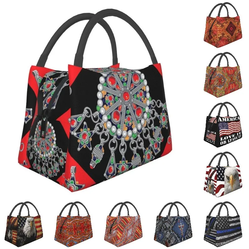 

Kabyle Style Jewelry Insulated Lunch Bags for Women Moroccan Carpet Pattern Portable Cooler Thermal Bento Box Hospital Office
