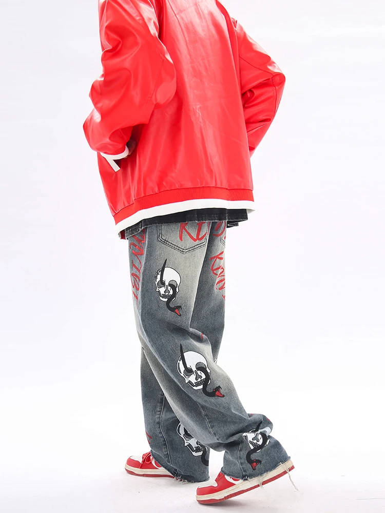 Four Seasons American Trend Street Skull Print Old Jeans Hip Hop Retro Loose Straight Trousers Men Streetwear Ins Hot Sale JEANS