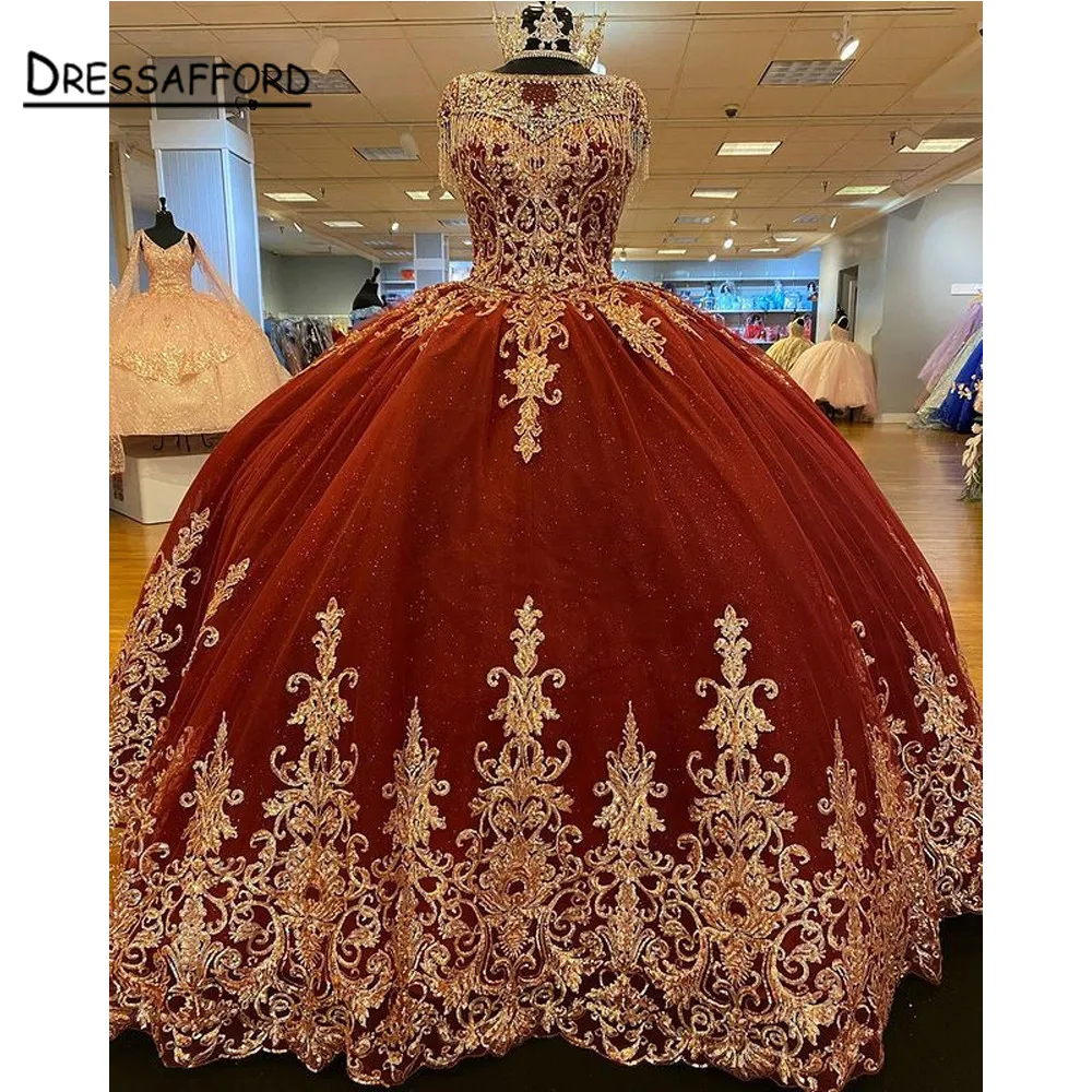 

2022 Princess Ball Gown Quinceanera Dresses Gold Lace Appliques Corset Prom Vestido De 15 Anos