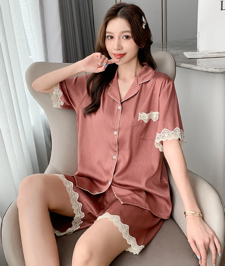 

Pajamas Short-sleeved Shorts Set Women Summer Ice Silk 2022 Cool Solid Color Herringbone Lace Homewear Suit Loungewear Clothing