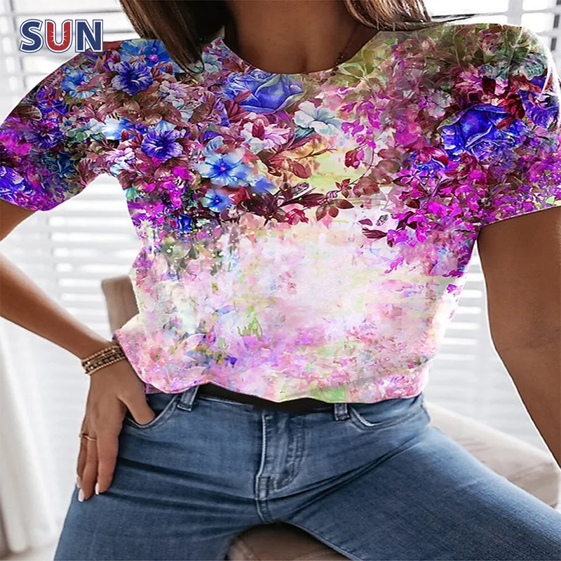 

2022 Ladies Summer T-Shirt Ladies Fashion Floral 3D Print Loose Casual Oversized Sexy Round Neck Daily Vacation Short Sleeve Top