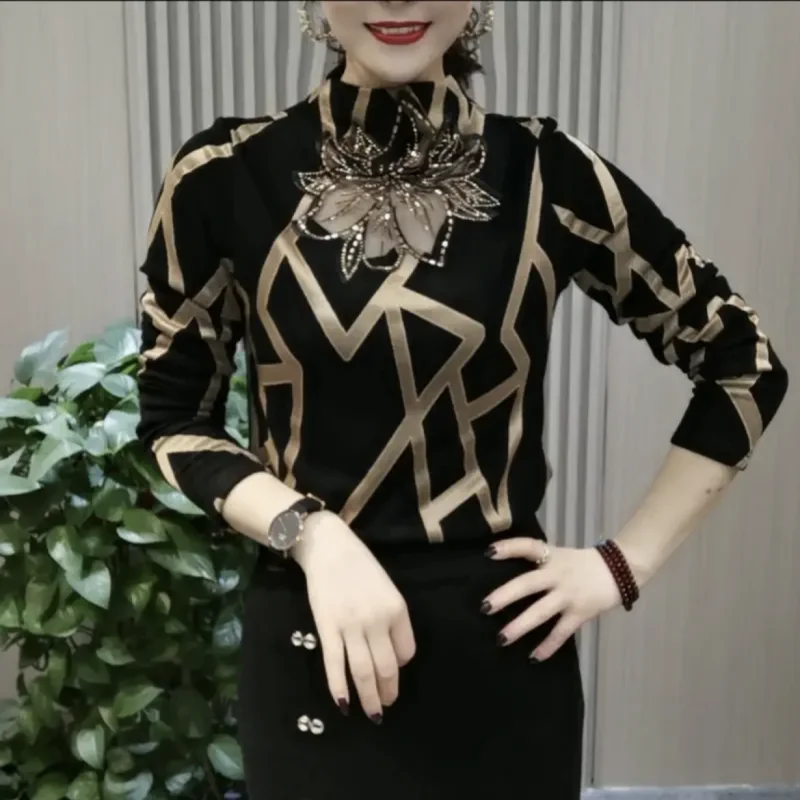 Spring Autumn and Winter New Hot Drilling Warm Fleece-lined Bottoming Shirt Women Western Sle All-Matching Half-high Colla...