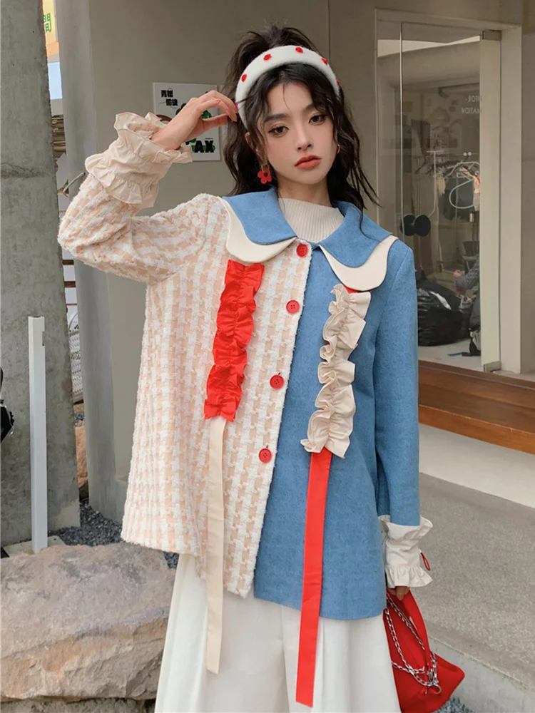

Straight Patchwork Bowknot Shirt For Women Peter Pan Collar Long Sleeve Asymmetrical Colorblcok Blouses Female Clothing
