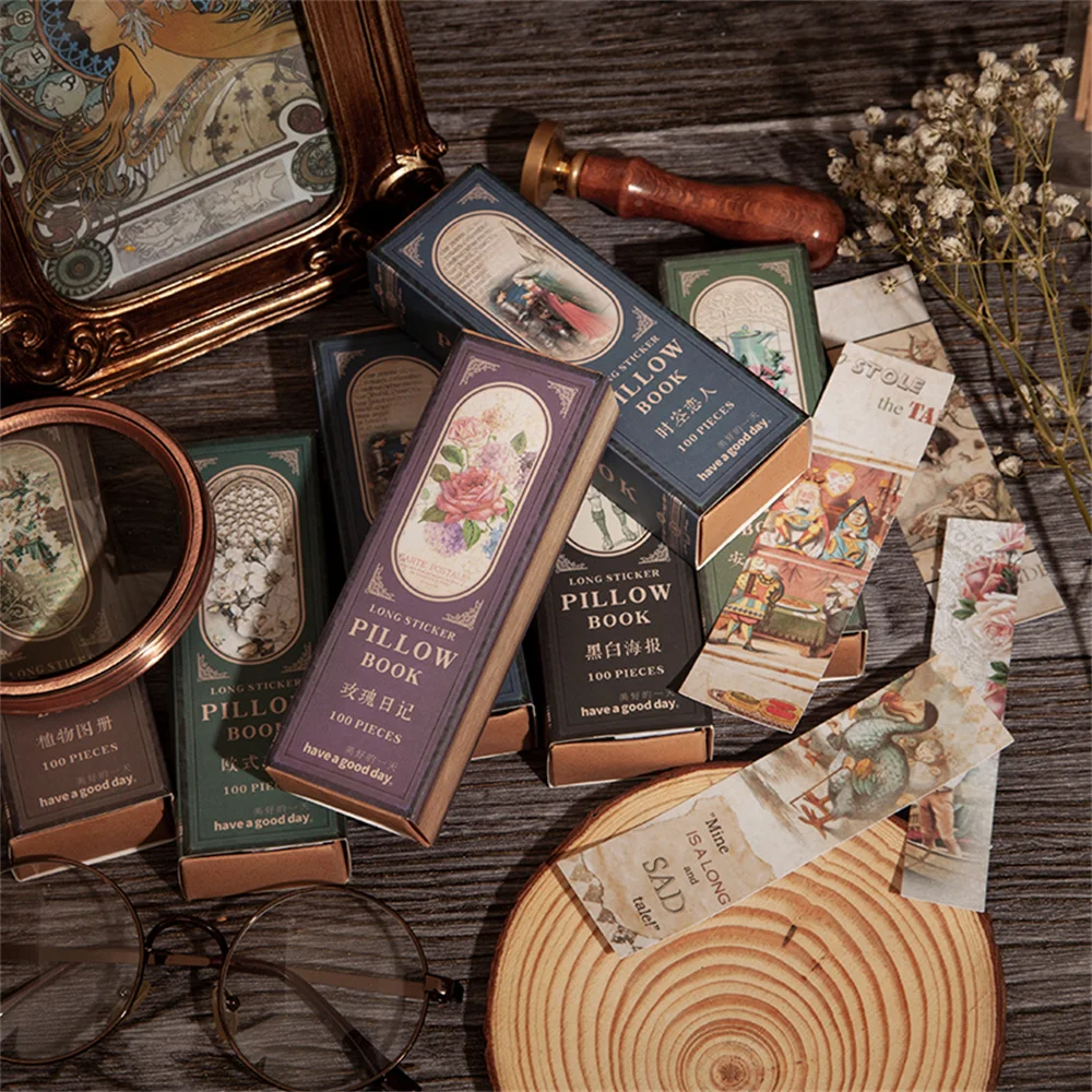 

100pcs/box Pillow Book Series Stickers Retro Art Label DIY Scrapbooking Planner Decorative Stationery Aesthetic Strip Sticker