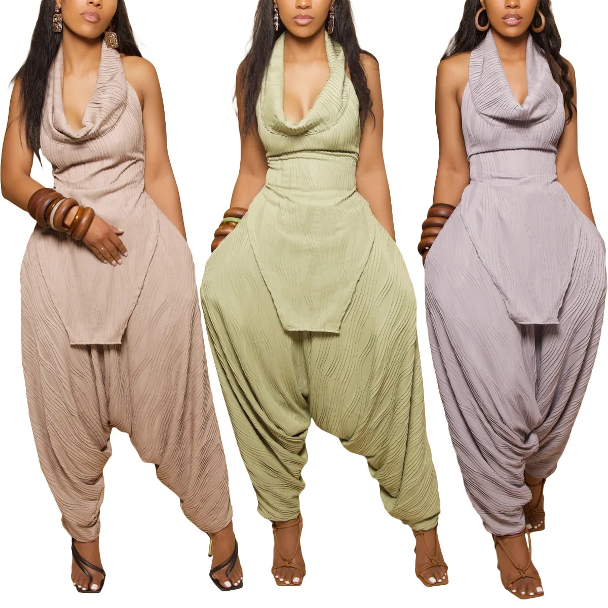 

Женский плиссированный укороченный топ с лямкой на шее, открытой спиной и бантом и свободные брюки-султанки, комплект из двух предметов, летняя пляжная одежда для отпуска