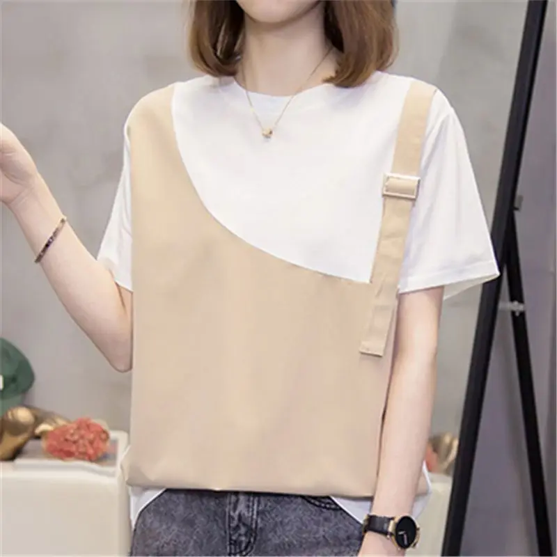 

Модная свободная комбинированная блузка из двух частей, женская одежда, Новинка лета 2023, повседневные Пуловеры большого размера, топы, Асимметричная рубашка