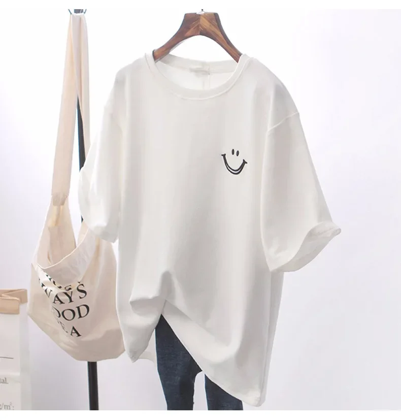 Свободная белая черная футболка с коротким рукавом женский топ принтом смайлика