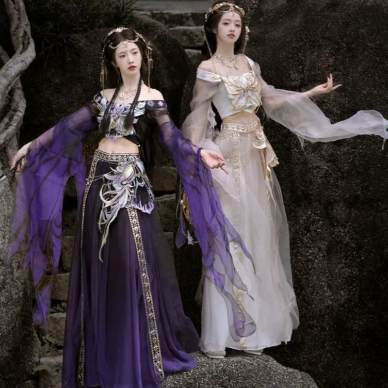 Фото Женское традиционное платье Hanfu с вышивкой, карнавальный костюм Hanfu для Хэллоуина, фиолетовый и бежевый костюм Hanfu №1