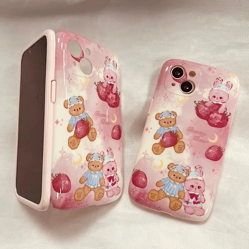 

Cartoon Cute Strawberry Bear Rabbit Phone Case For Iphone 11 12 13 14 Pro Max X Xs Xr 7 8 Plus Flip mirror fall protection