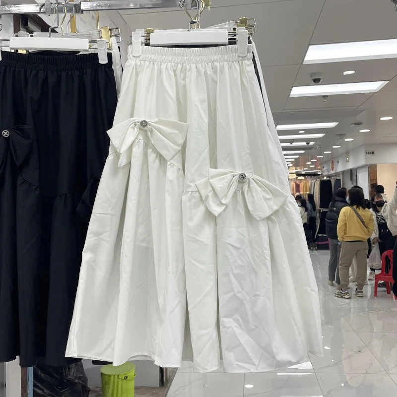 

High-Waisted Elastic Solid Color Irregular Style Big Bow A-Line Half Skirt Spring New Faldas Mujer Moda Dropshipping