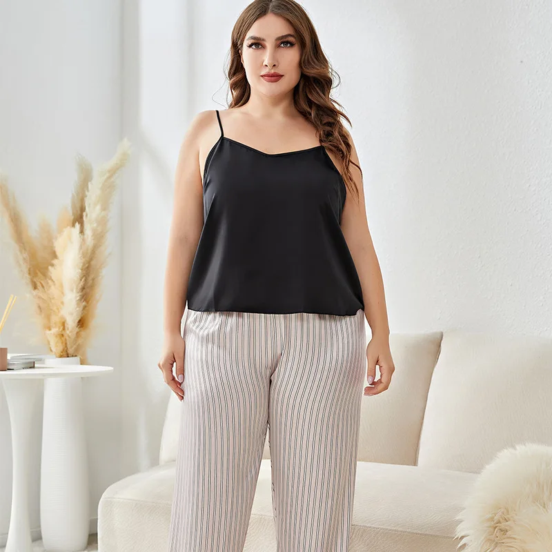 

New Summer Nightwear Pijamas Suit Print Stripe Strap Top&Pants Sleepwear Casual Satin Home Wear Plus Size Female Pajamas Set