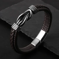 steampunk geometric stainless steel charm genuine leather woven bracelets magnetic clasp hand bands for men bangles accessories