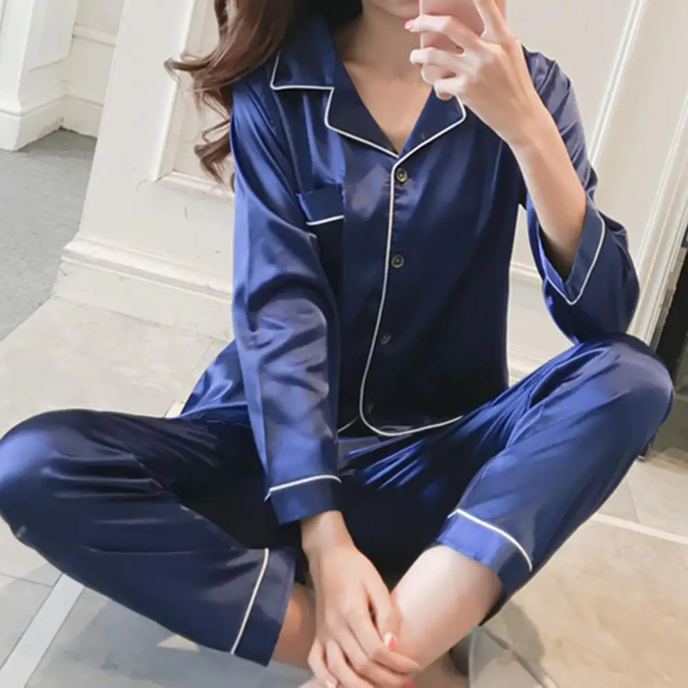 

2 Pcs/Set Nightclothes Loose Solid Color Quick Dry Oversized Turn-down Collar Nighty Suit Pajamas Suit for Home