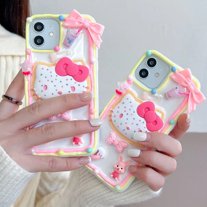 

3D Cartoon Hello Kitty For iPhone 13 12 11 Pro Max Mini XR XS MAX 8 X 7 SE 2022 manual diy cream phone case