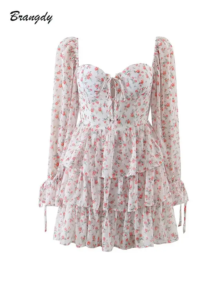 

2022 Elastic Puff Sleeve Dress Pink Floral Print Boho Dress Women Swing Mini Dresses Bow Fairy Cake Vestidos Party holiday Dress