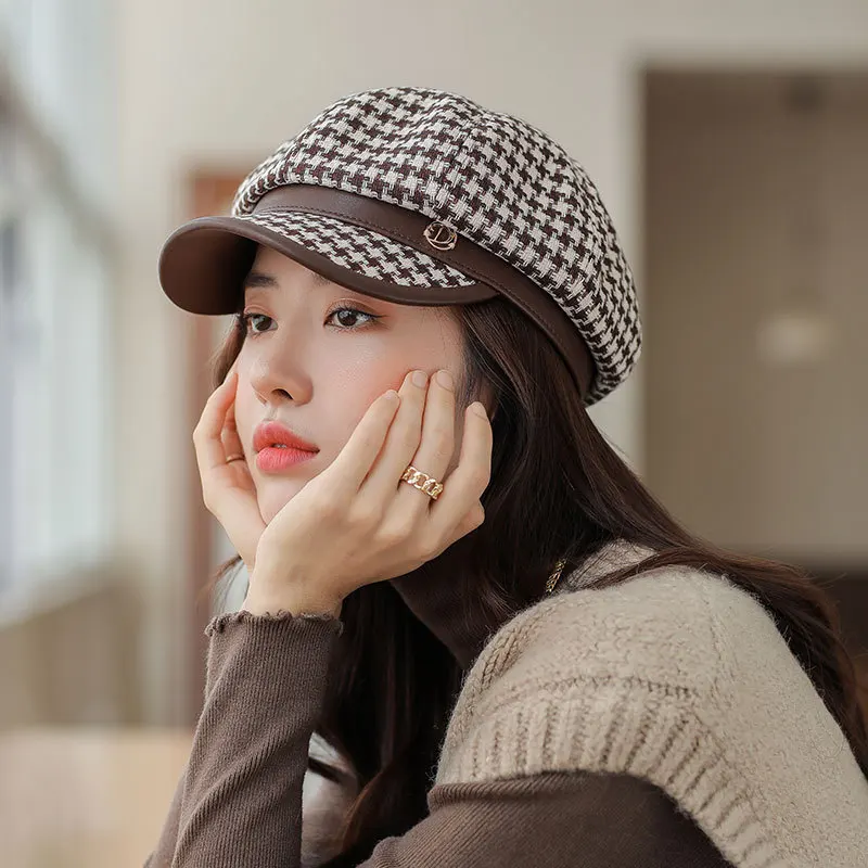 

CNTANG Fashion Women's Beret Autumn Winter Houndstooth Leather Octagonal Hat Women Casual Newsboy Hats British Outdoor Berets